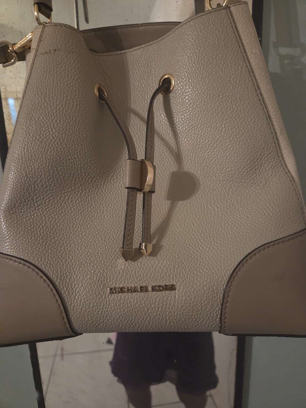 Michael Kors Two-Tone Pebbled Leather Drawstring Shoulder Bag in Taupe and Beige
